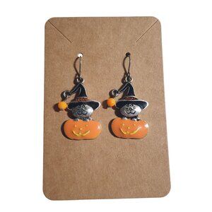 Halloween Pumpkin Cat Dangle Earrings Black Orange Enamel Witch Hat Hook Holiday